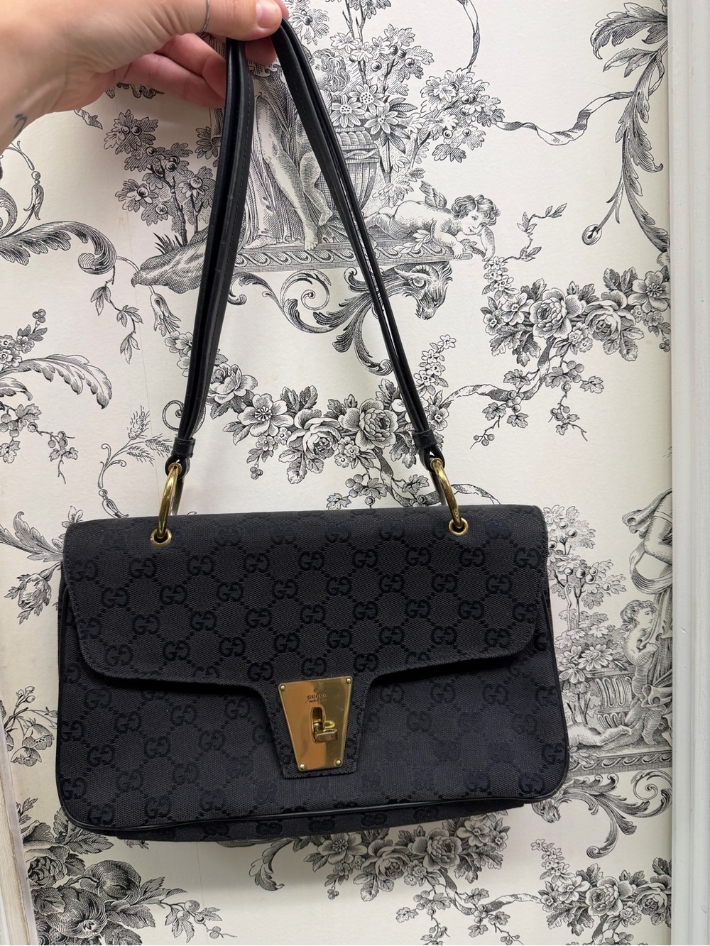 Vintage Gucci Black Monogram Shoulder Bag with Gold-Tone Lock